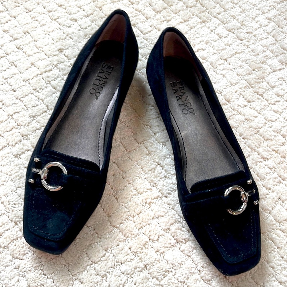 Franco Sarto Navy Loafers with Silver Buckle